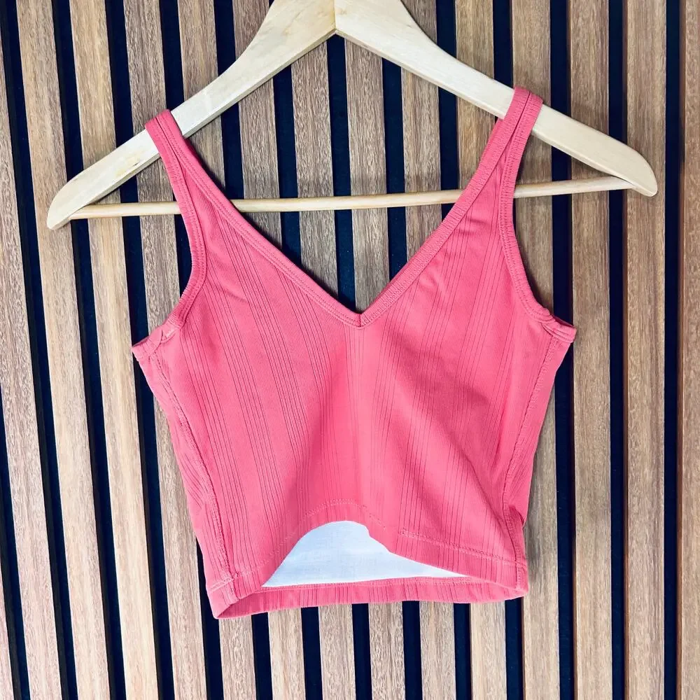 Nike Ribbed Crop Tank Top Women’s Small Coral Pink V-Neck Swoosh Y2K Yoga